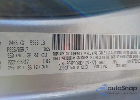 2015 Dodge Journey American Value Pkg z USA, uszkodzony, nr VIN 3C4PDCAB3FT747771